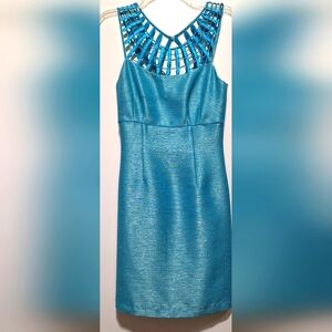 ANTONIO MELANI DESIGNER TEAL FITTED SHEATH DRESS. FULLY LINED. NWOT